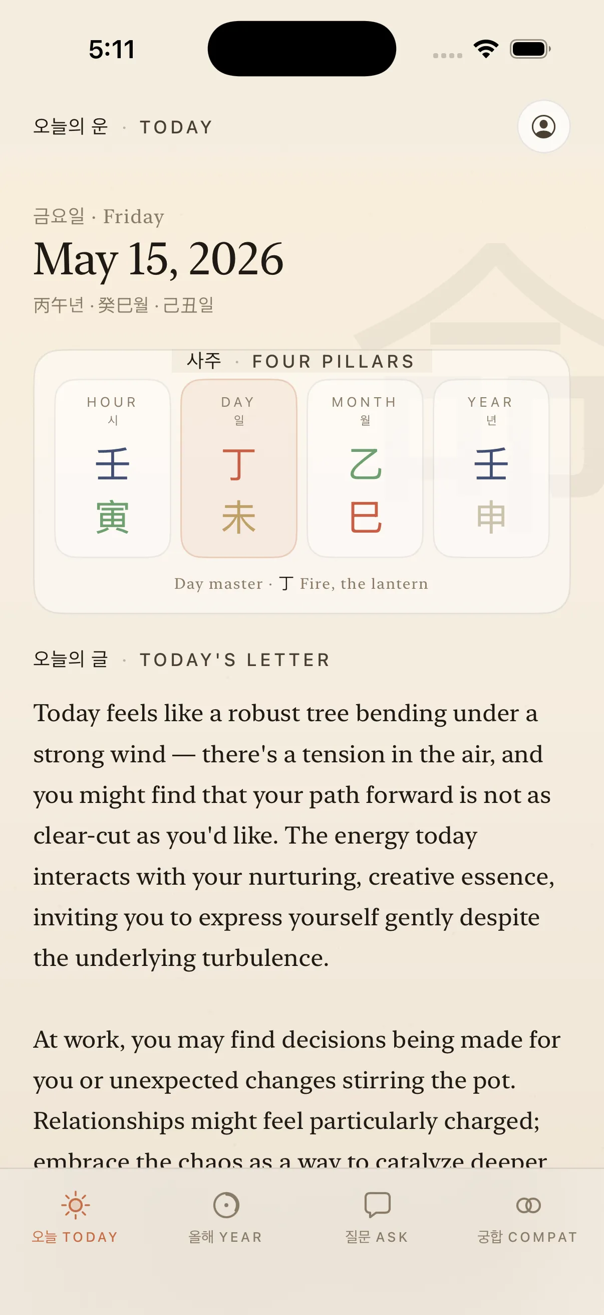 Today's reading — four pillars card and the day's letter